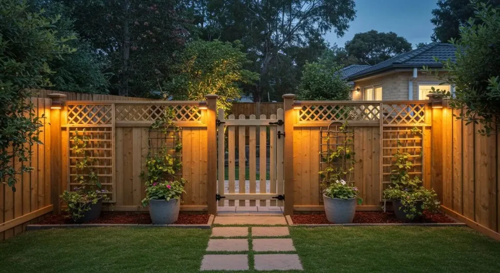 Adding safety features like gates, lights, and trellises to a garden fence