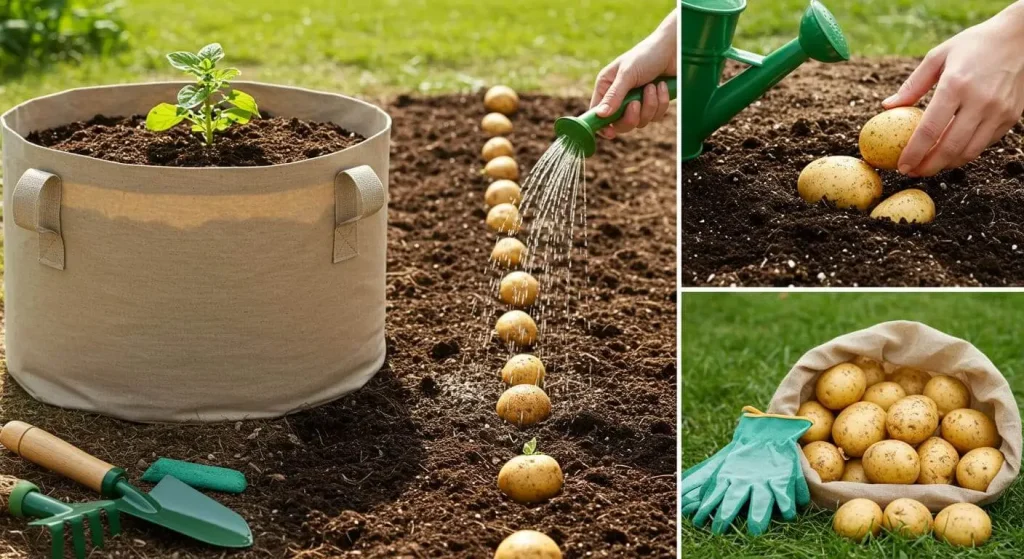 Step-by-step guide to planting potatoes in grow bags, showing seed potatoes being planted, soil being watered, and harvested potatoes nearby.