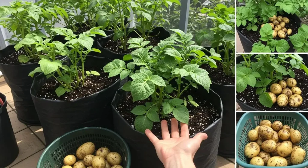 Growing potatoes in bags on a sunny balcony, showcasing healthy plants and a basket of harvested potatoes.