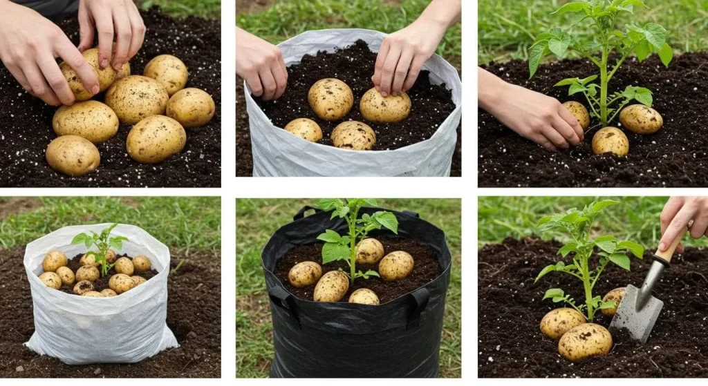 Step-by-step guide to planting potatoes in grow bags, from preparing seed potatoes to hilling the soil.