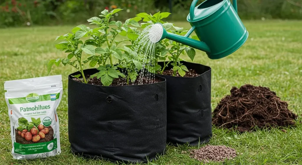 Gardener watering potato plants in grow bags, with healthy foliage and organic fertilizer nearby.