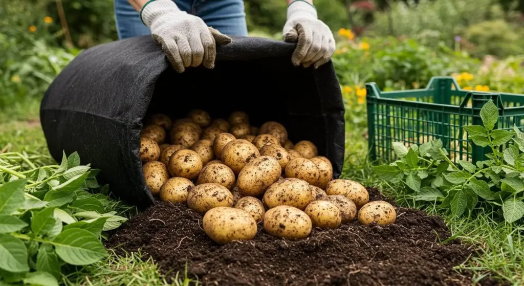 Gardener harvesting potatoes from a grow bag, with a pile of freshly dug potatoes and a basket nearby.