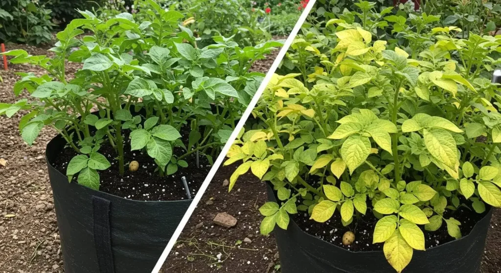 Comparison of healthy and unhealthy potato plants in grow bags, highlighting common mistakes like overwatering.