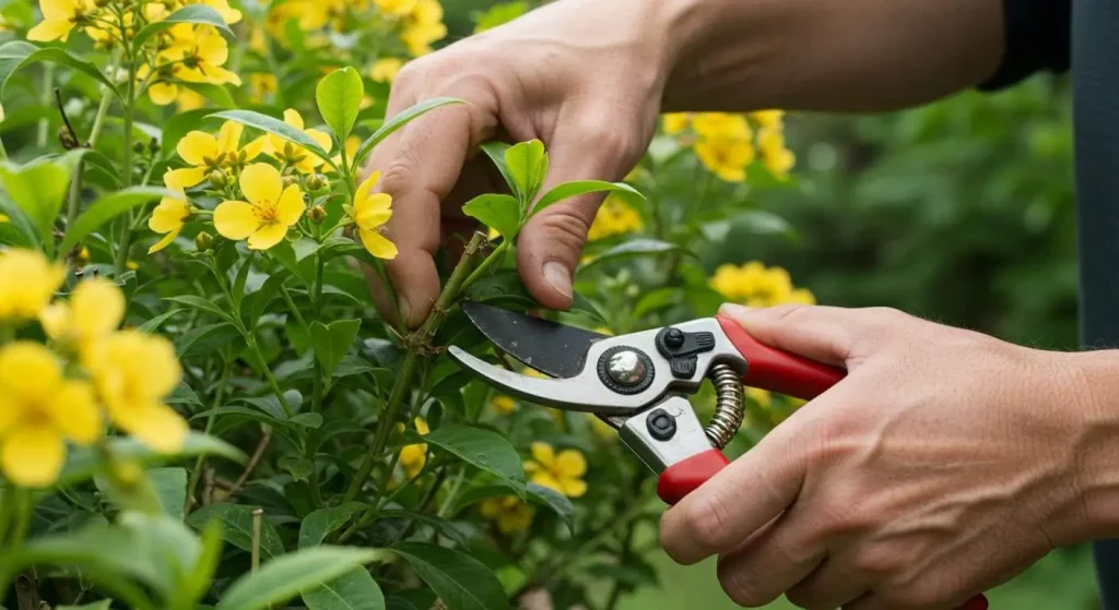 Gardener pruning an esperanza plant to encourage bushier growth and healthier blooms.