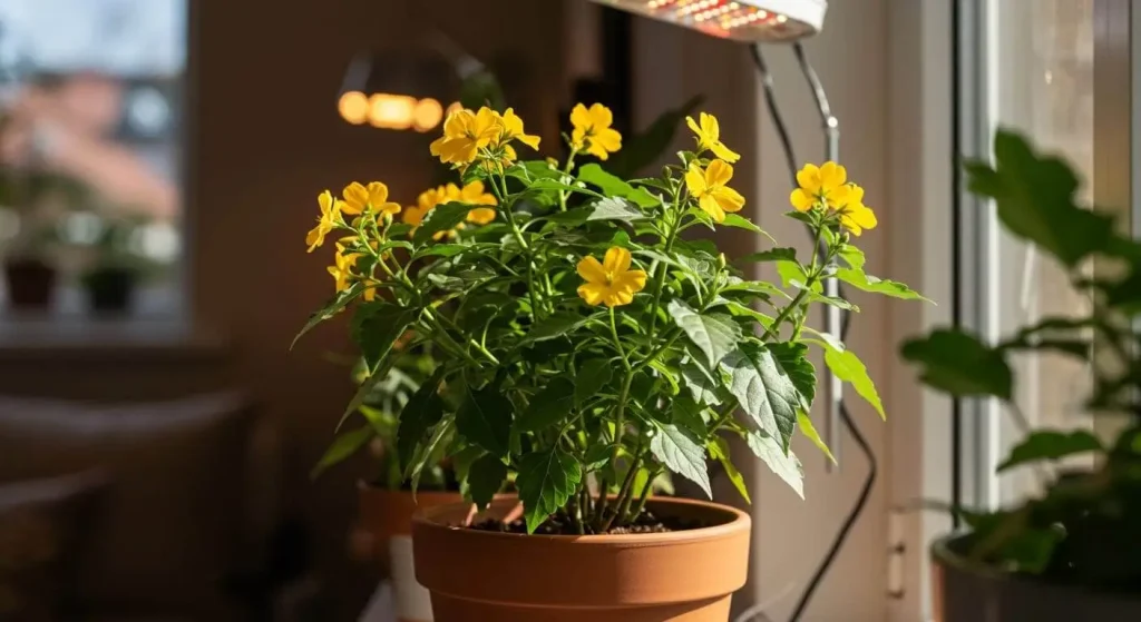 Esperanza plant growing indoors in a pot near a sunny window with grow lights.
