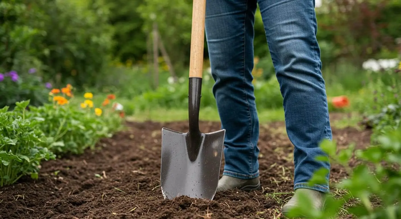 A gardener holding a durable spade with a stainless steel blade and ergonomic handle in a vibrant garden.