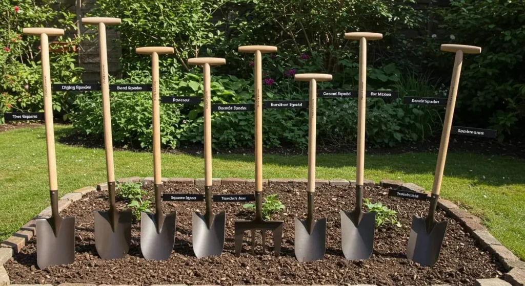 Various types of garden spades displayed on a soil bed, including digging, border, round-tipped, square-tipped, and trenching spades.