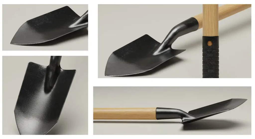 Close-up view of a premium spade featuring a stainless steel blade, ergonomic rubber handle, and rounded tip.