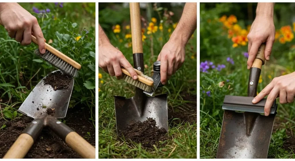 Illustration of spade maintenance steps, including cleaning, oiling, sharpening, and proper storage.