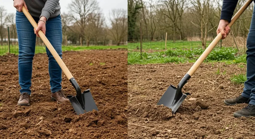 Comparison of using the wrong vs. the right spade for different soil types and tasks.