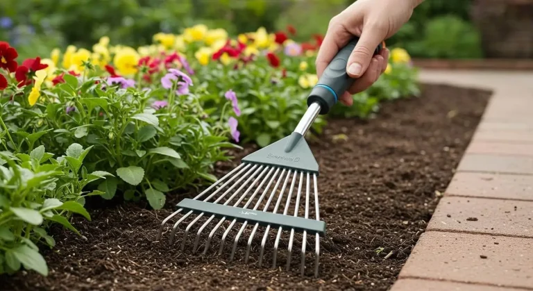A gardener uses a high-quality hand rake with stainless steel tines and an ergonomic rubber handle to level soil in a flower bed.