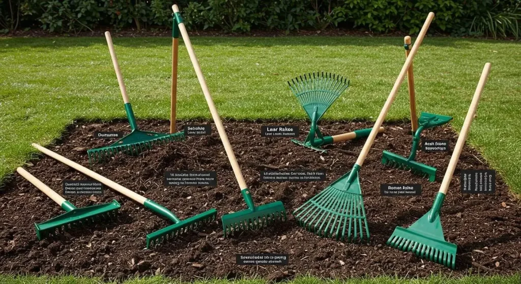 Various types of hand rakes displayed on a soil bed, including claw, leaf, bow, and specialized rakes.