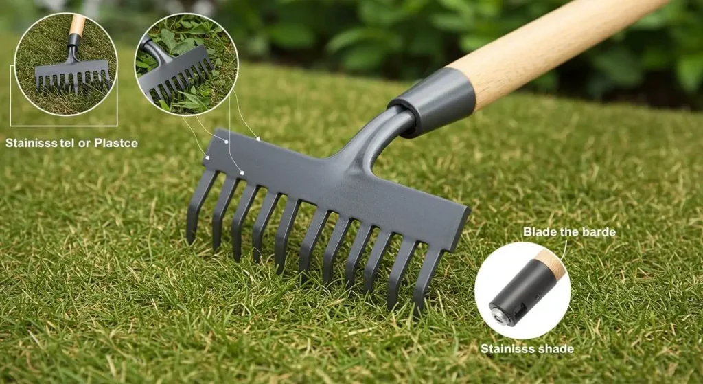 Close-up view of a premium hand rake featuring stainless steel tines, an ergonomic rubber handle, and a narrow head shape.