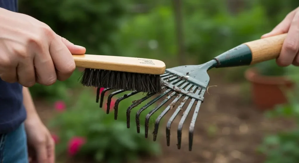 Illustration of hand rake maintenance steps, including cleaning, oiling, sharpening, and proper storage