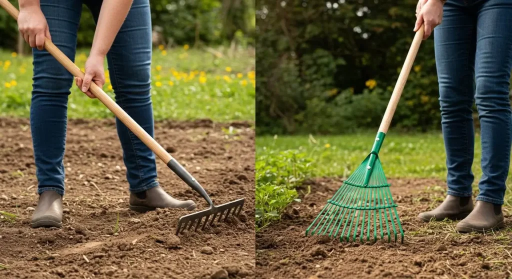 Close-up view of a premium hand rake featuring stainless steel tines, an ergonomic rubber handle, and a narrow head shape.