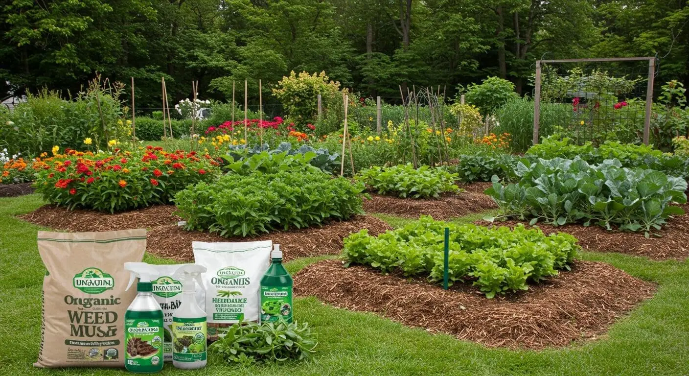 A weed-free garden featuring colorful blooms and vegetables, with a gardener using a hoe and organic mulch to maintain it.