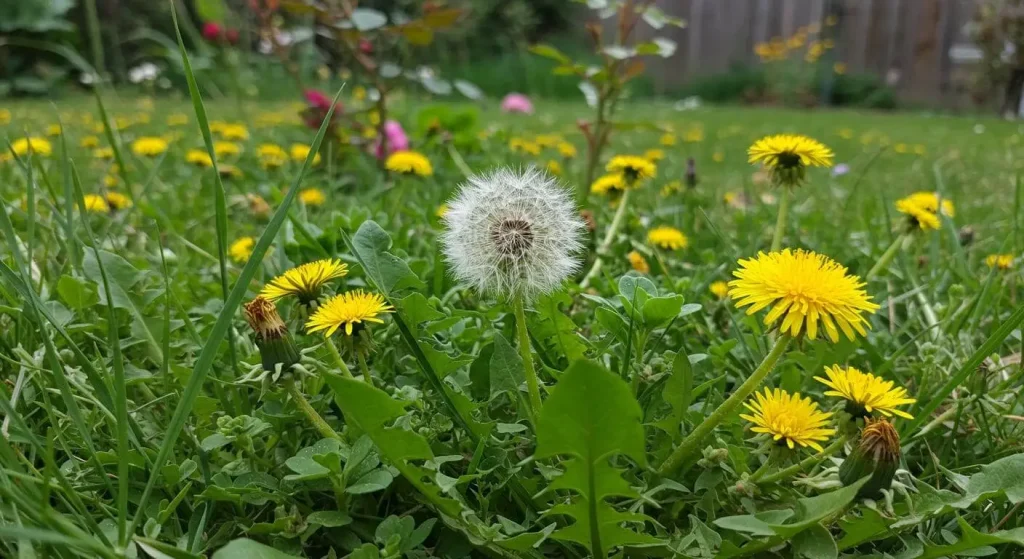 A garden filled with invasive weeds such as dandelions, crabgrass, and chickweed competing with flowers.