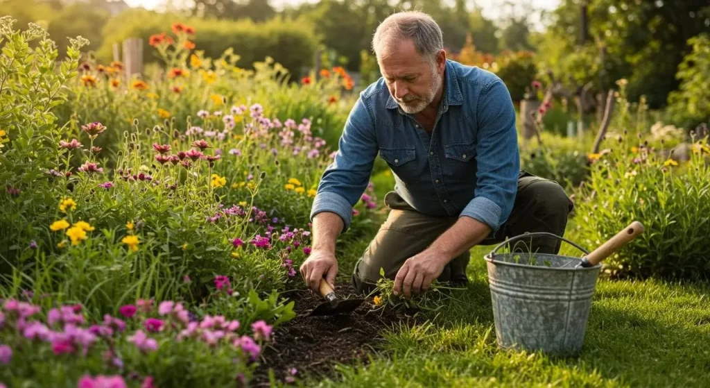 A gardener hand weeding a flower bed using a hoe and trowel for efficient removal.