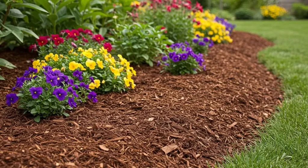 Garden bed covered in organic mulch, layered with newspaper beneath to block weed growth.