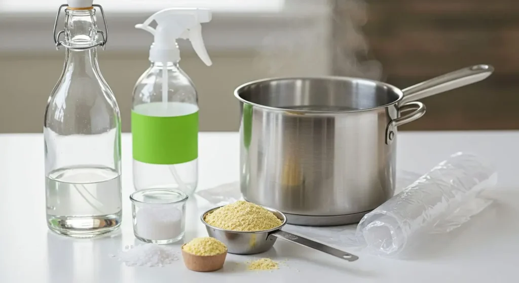 Natural herbicide ingredients including vinegar, salt, corn gluten meal, and boiling water displayed with tools for application.