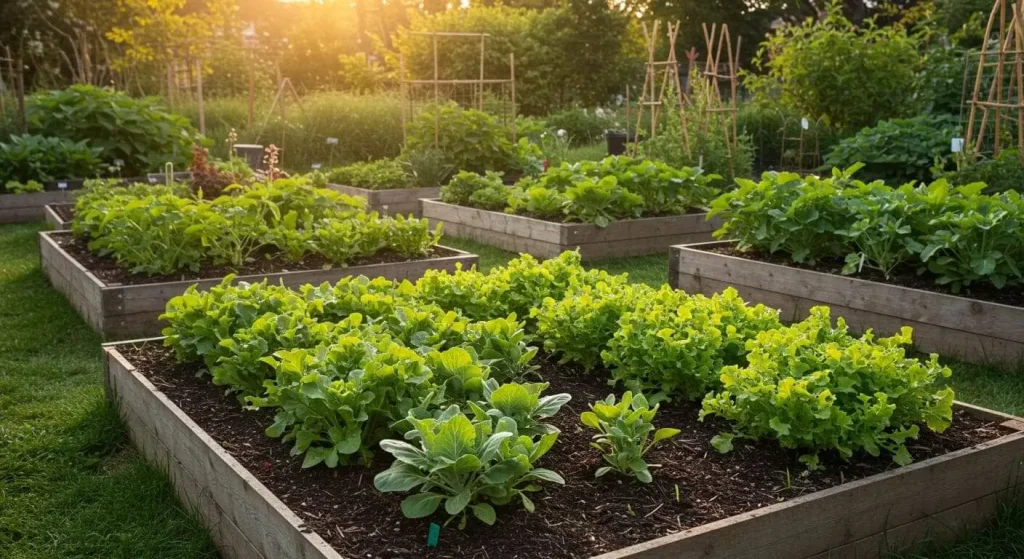 Vegetable garden utilizing companion planting, crop rotation, and no-till practices to reduce weed growth.