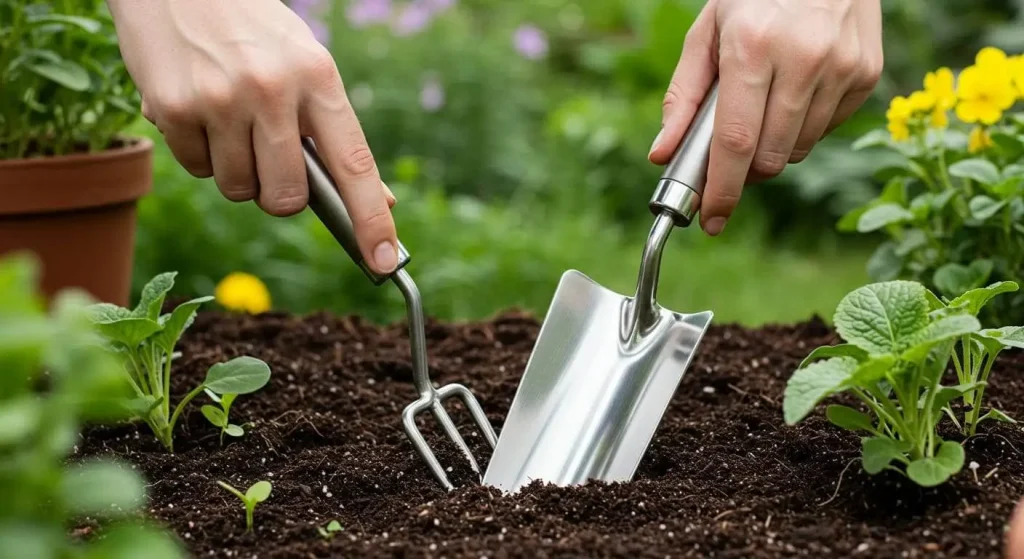 A gardener holds a stainless steel hand trowel while working in rich soil near potted plants.