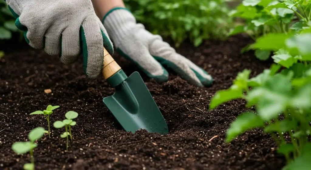 A gardener uses a hand trowel to dig a hole for planting seeds in fertile soil.