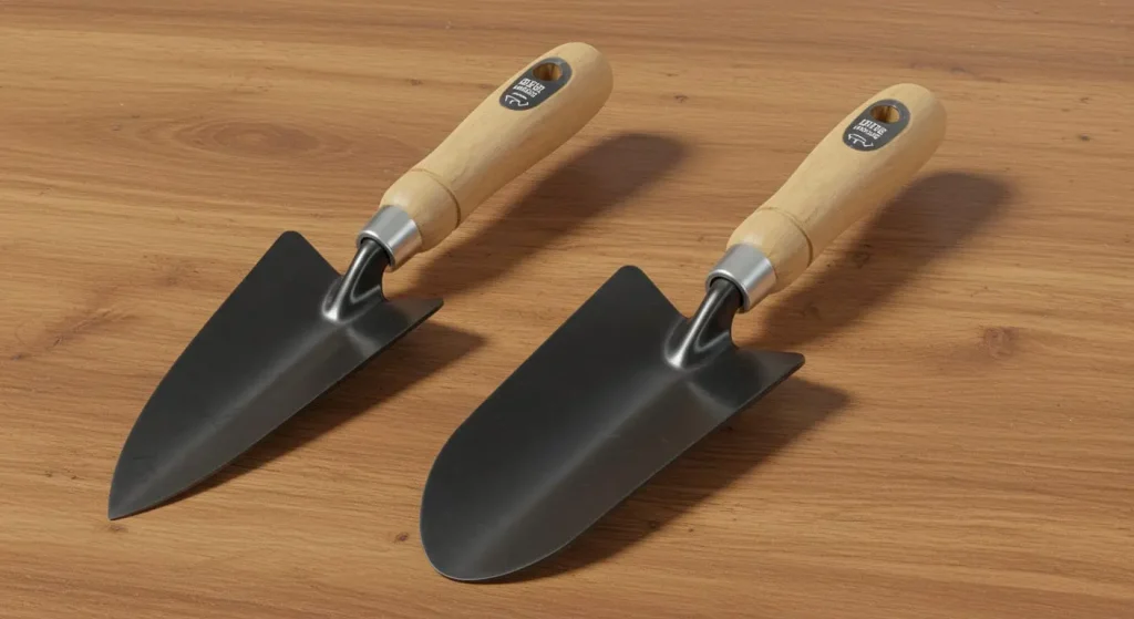 Comparison of hand trowels with pointed and rounded blades on a wooden surface.