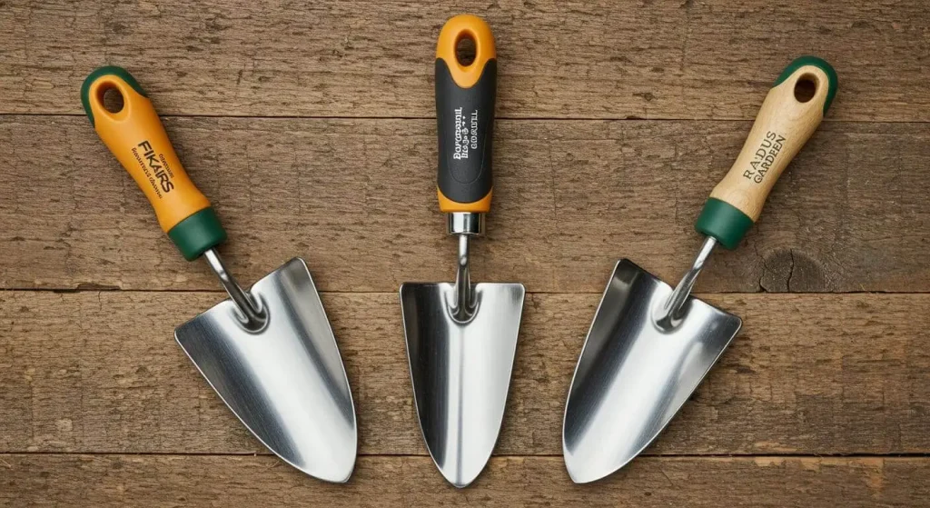 Three high-quality hand trowels from Fiskars, Burgon & Ball, and Radius Garden displayed together.