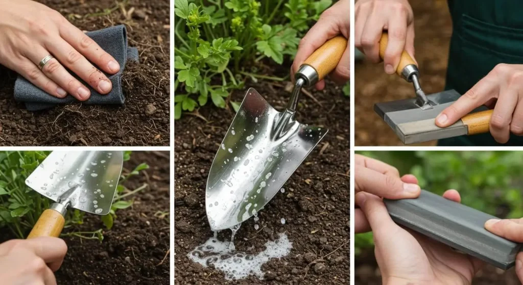 Step-by-step guide to cleaning and sharpening a hand trowel for better performance.