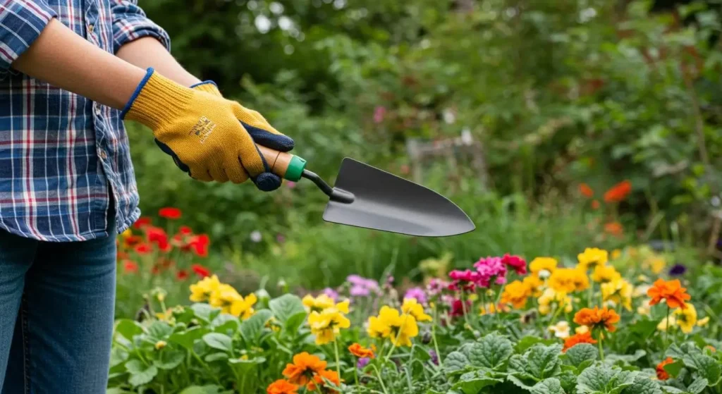 A gardener proudly holds a shiny hand trowel amidst a thriving garden full of colorful flowers.