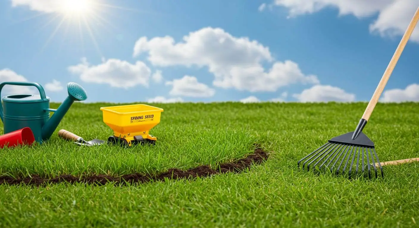 Freshly seeded lawn in spring with gardening tools scattered around, under a bright blue sky.