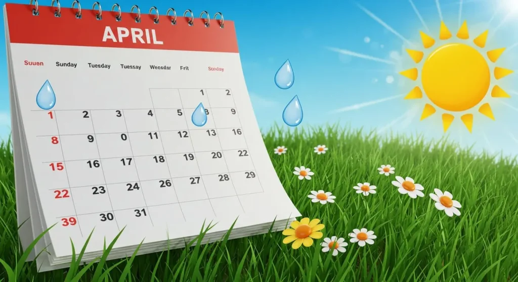 Spring calendar with blooming flowers, raindrops, and sun symbolizing ideal planting conditions.


