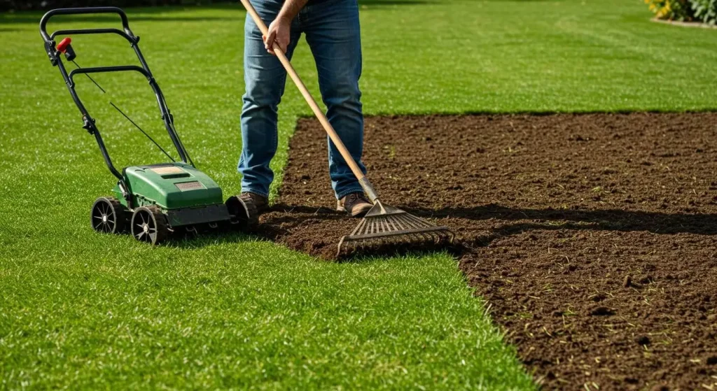 Person raking soil and preparing a lawn for successful grass seeding.

