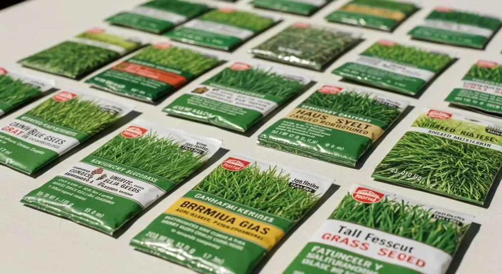 Variety of grass seed packets labeled with different types for diverse lawn needs.

