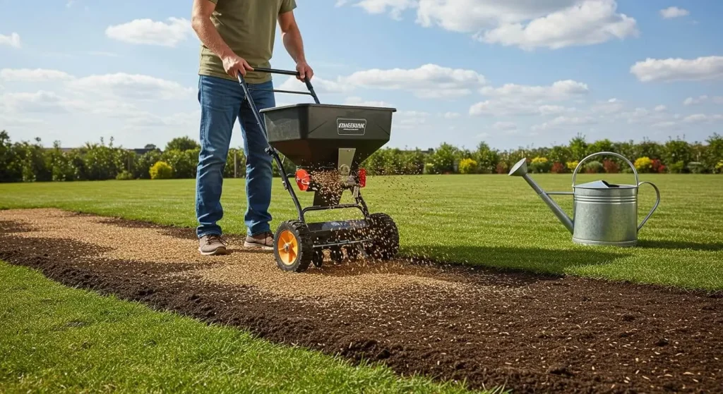 Person spreading grass seed evenly over a prepared lawn with a broadcast spreader.

