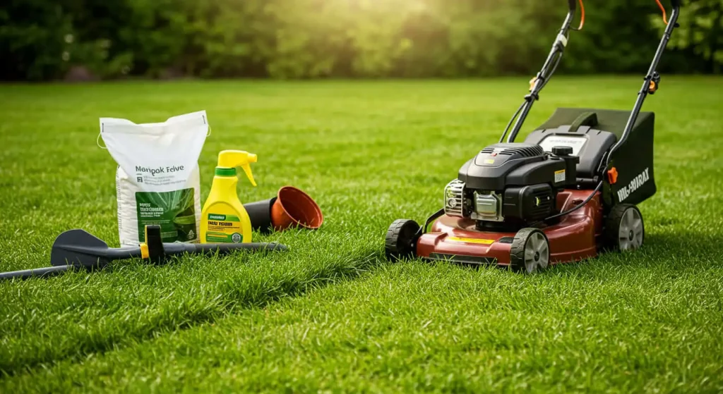 Freshly mowed lawn with tools for maintenance, including a lawnmower and fertilizer.

