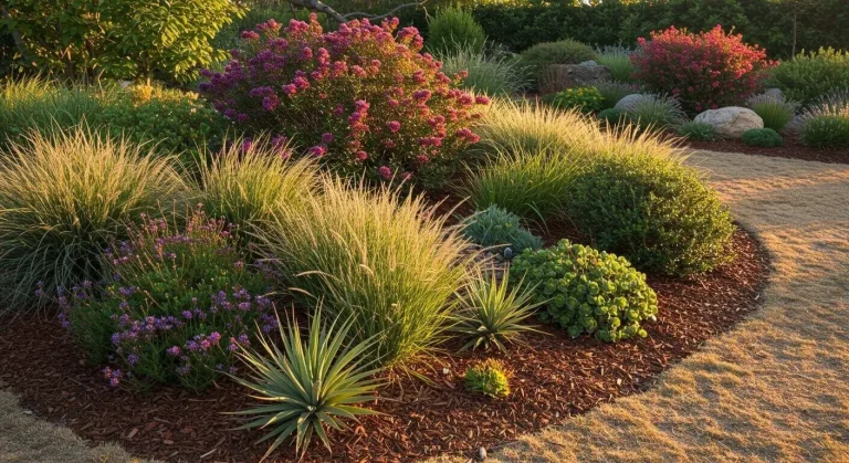 Drought tolerant plants in a vibrant California garden with succulents, wildflowers, and native shrubs