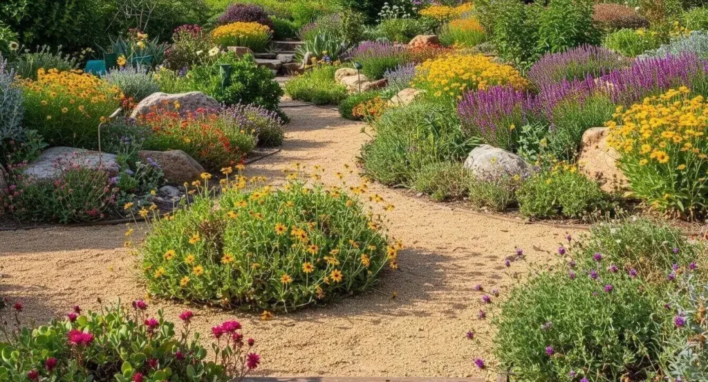 A California garden featuring drought-tolerant plants such as succulents, wildflowers, and native shrubs thriving in a sunny, dry climate.