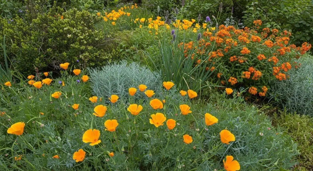 Close-up of native California plants like California poppies, manzanita, and ceanothus showcasing their vibrant colors and textures.