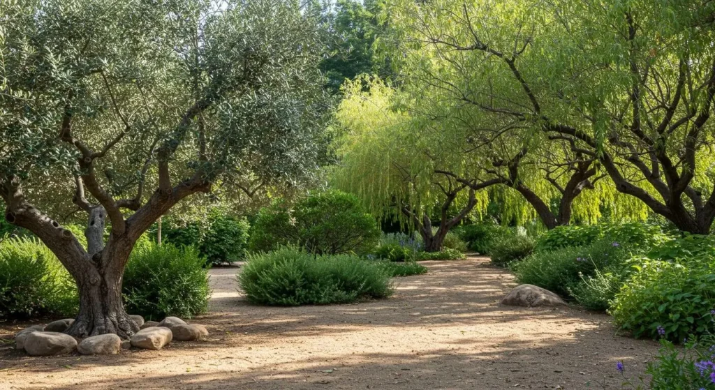 California garden with drought-resistant trees and shrubs, including olive trees, desert willow, and toyon, providing shade and structure.