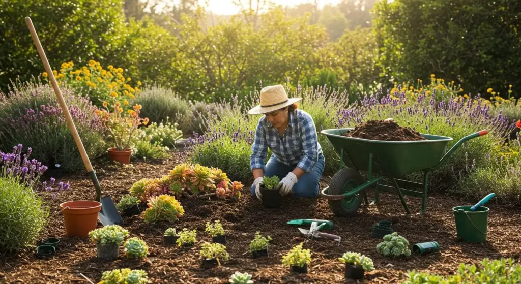 Gardener planting drought-resistant plants in a California garden, using gloves, shovels, and mulch for proper maintenance.