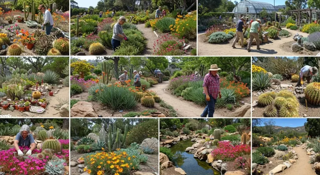 Collage of xeriscape designs, botanical gardens, and resources for California gardeners interested in drought-tolerant plants.