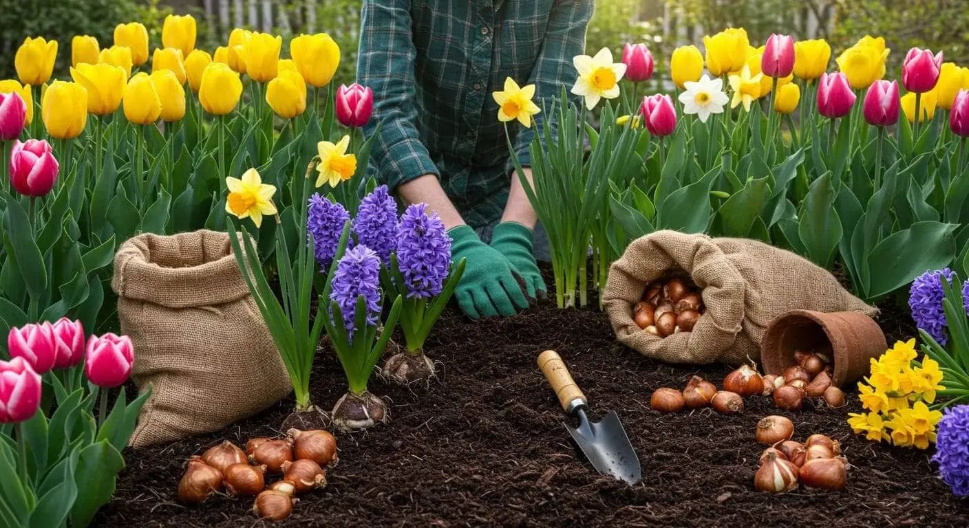 Colorful spring flowers like tulips and daffodils blooming in a garden with a gardener planting bulbs in fresh soil.