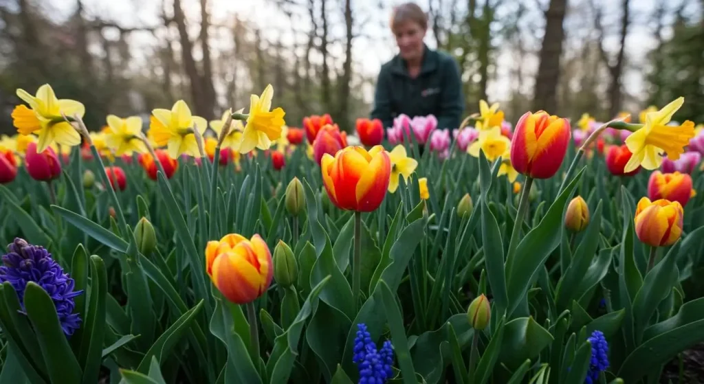 Colorful spring bulbs such as tulips and daffodils blooming in a vibrant garden.