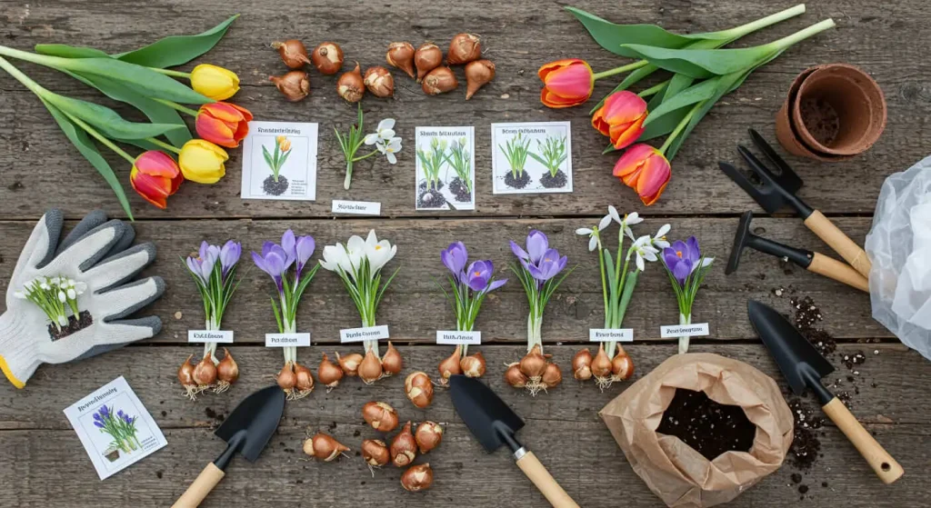 A selection of spring bulbs like tulips and crocuses displayed with gardening tools.