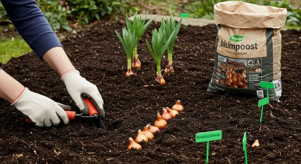 A gardener planting spring bulbs in soil with a bulb planter.