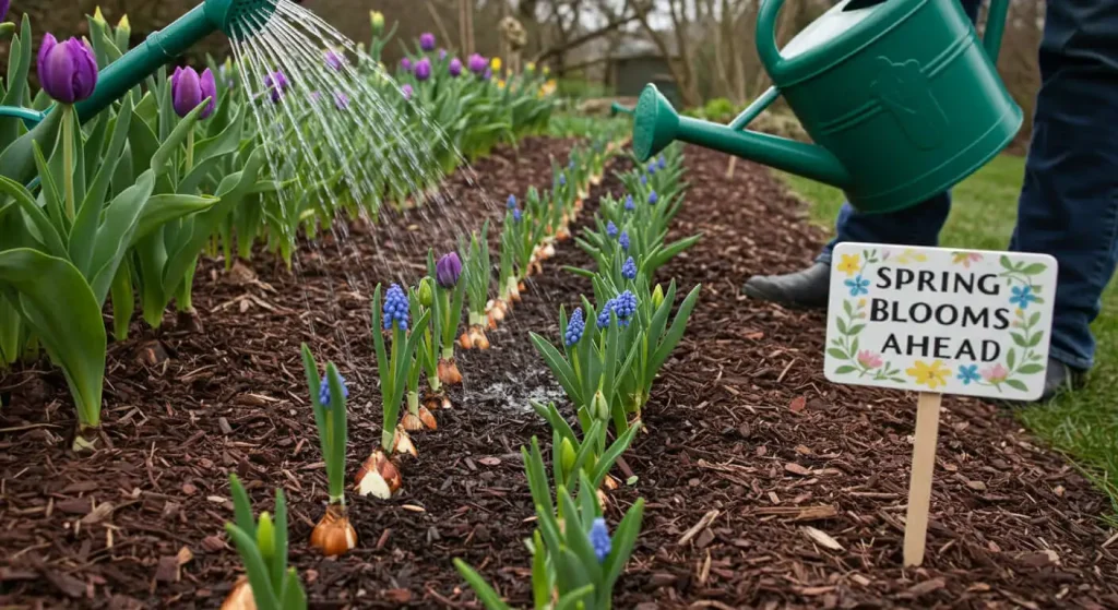 A gardener watering newly planted spring bulbs in a mulched flower bed.