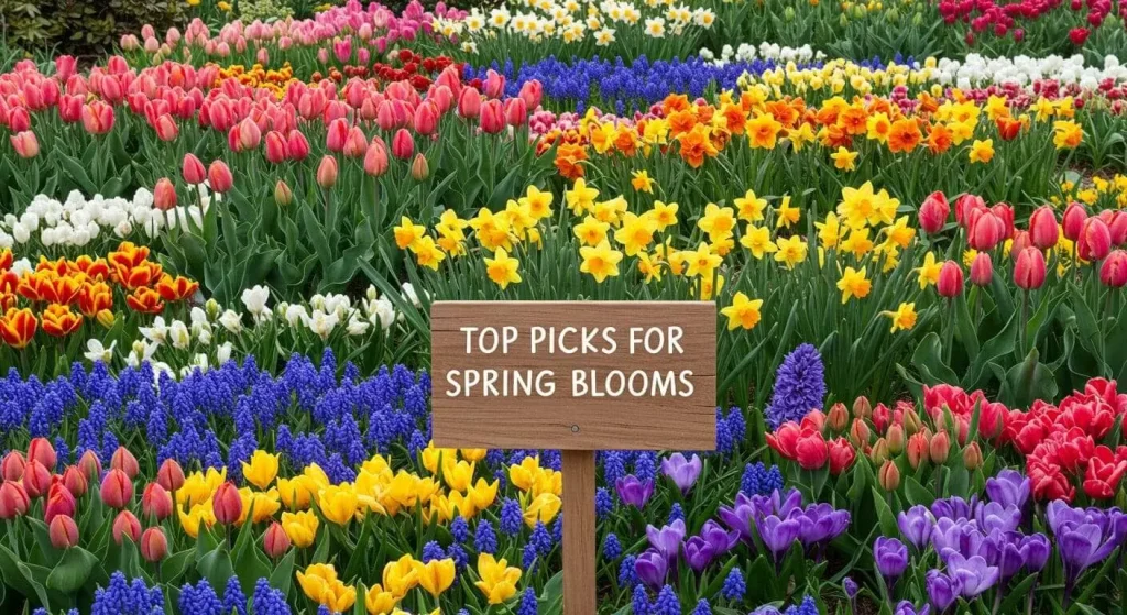 A colorful garden showcasing top spring bulbs like tulips, daffodils, and hyacinths."