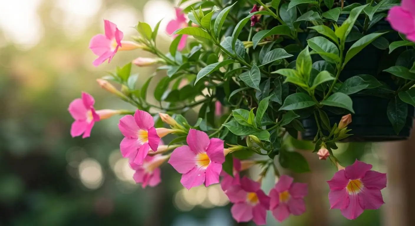 Close-up of a blooming Dipladenia plant in a hanging basket with pink trumpet-shaped flowers and lush green foliage.